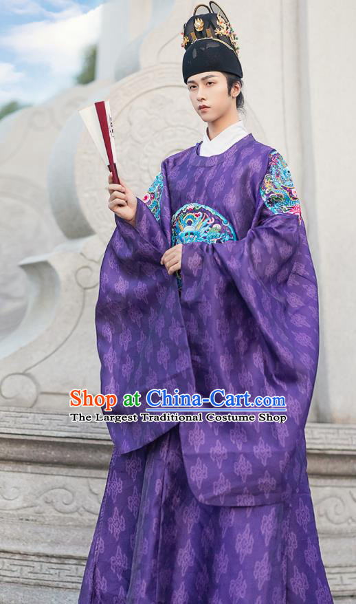 China Traditional Hanfu Purple Brocade Robe Ancient Emperor Historical Clothing Ming Dynasty Royal Prince Garment Costume