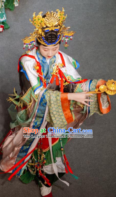 China Ancient Goddess Queen Hanfu Dress Clothing Zhou Dynasty Empress Apparels Traditional Dunhuang Grottoes Murals Replica Garment Costumes Complete Set