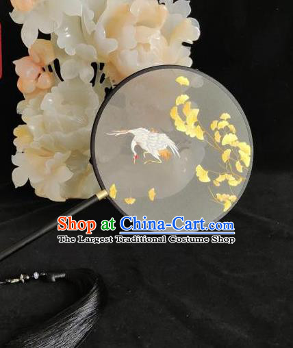 China Suzhou Embroidery Palace Fan Classical Embroidered Ginkgo Leaf Crane Fan Traditional Dance Fan Handmade Double Sides Silk Fan