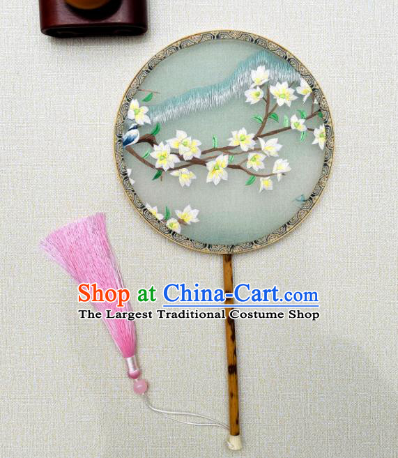 China Handmade Embroidered Circular Fan Suzhou Embroidery Mangnolia Fan Double Sides Silk Fan Traditional Hanfu Palace Fan