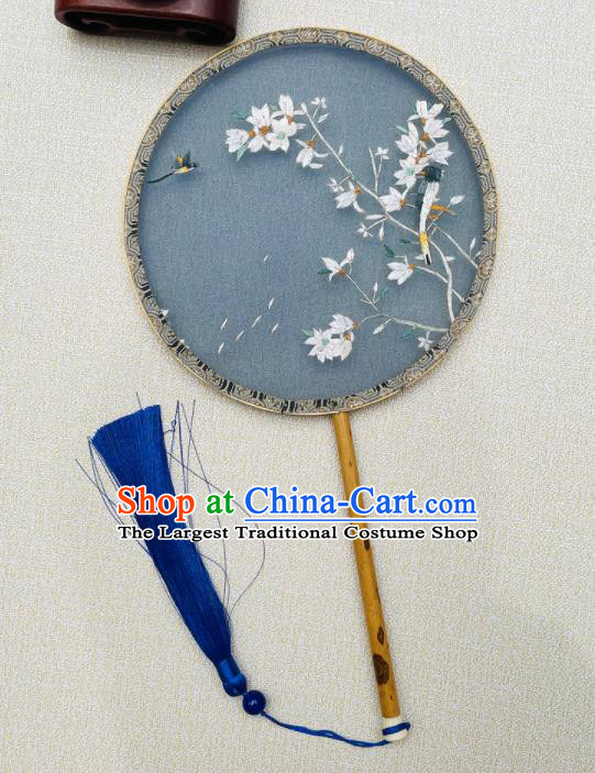 China Traditional Hanfu Palace Fan Handmade Embroidered Circular Fan Suzhou Embroidery Mangnolia Fan Double Sides Blue Silk Fan