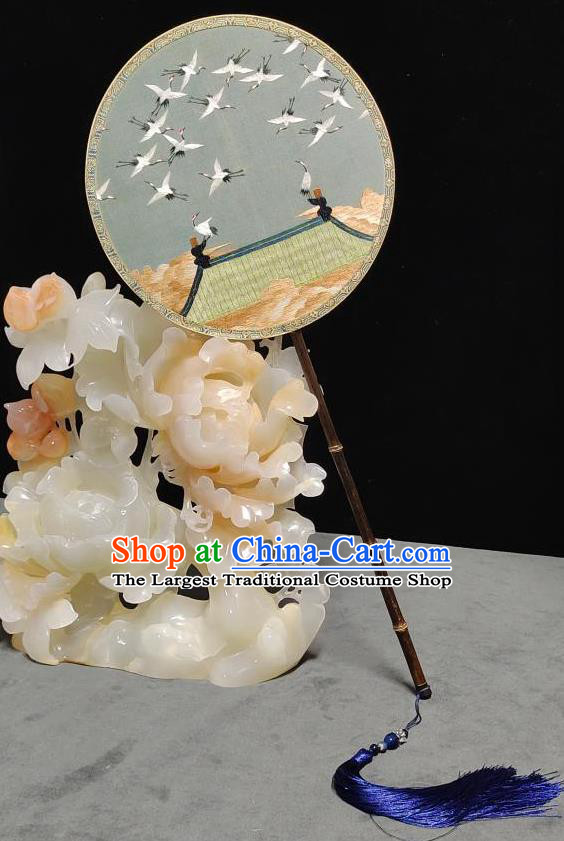 China Handmade Silk Circular Fan Traditional Hanfu Palace Fan Suzhou Embroidery Cranes Fan Classical Dance Fan