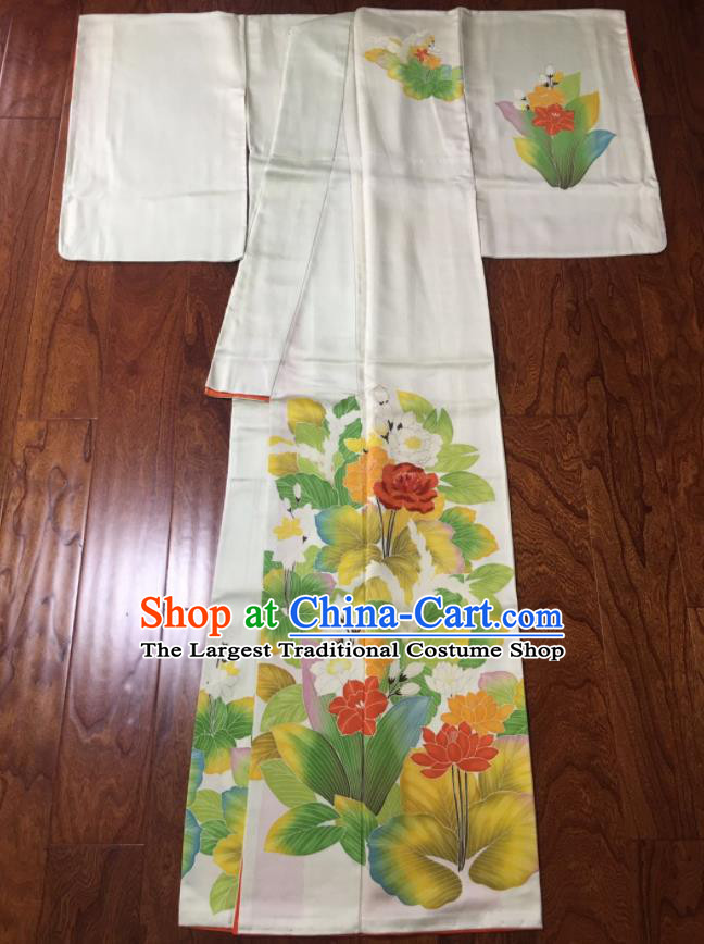 Japan Classical Flowers Pattern Tsukesage Kimono Clothing Summer Festival Garment Costume Traditional Beige Silk Yukata Dress