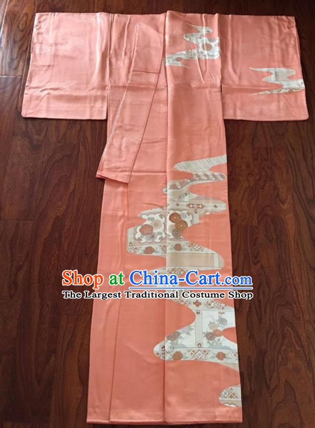 Japan Traditional Pink Yukata Dress Classical Chrysanthemum Pattern Tsukesage Kimono Clothing Summer Festival Garment Costume