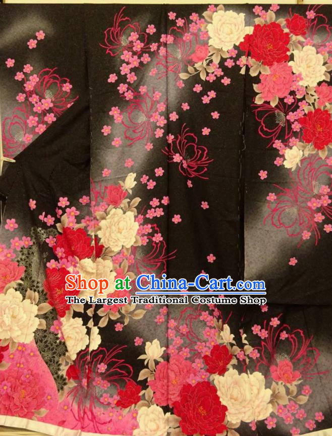Japan Wedding Bride Garment Costume Traditional Black Yukata Dress Classical Peony Pattern Furisode Kimono Clothing