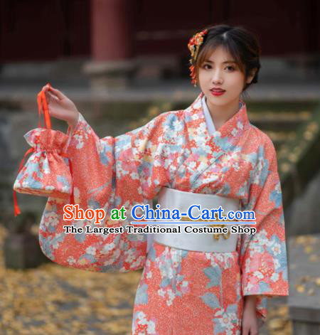 Japan Young Lady Fashion Garment Traditional Summer Festival Kimono Costume Hanabi Taikai Printing Sakura Pink Yukata Dress