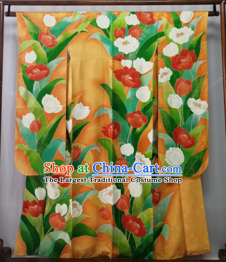 Japan Kyoto Yellow Yukata Dress Traditional Tulip Pattern Furisode Kimono Clothing Court Empress Garment Costume