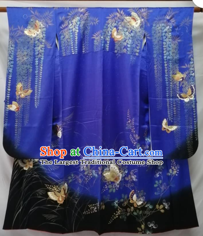 Japan Kyoto Royalblue Silk Yukata Dress Traditional Butterfly Pattern Furisode Kimono Clothing Empress Garment Costume