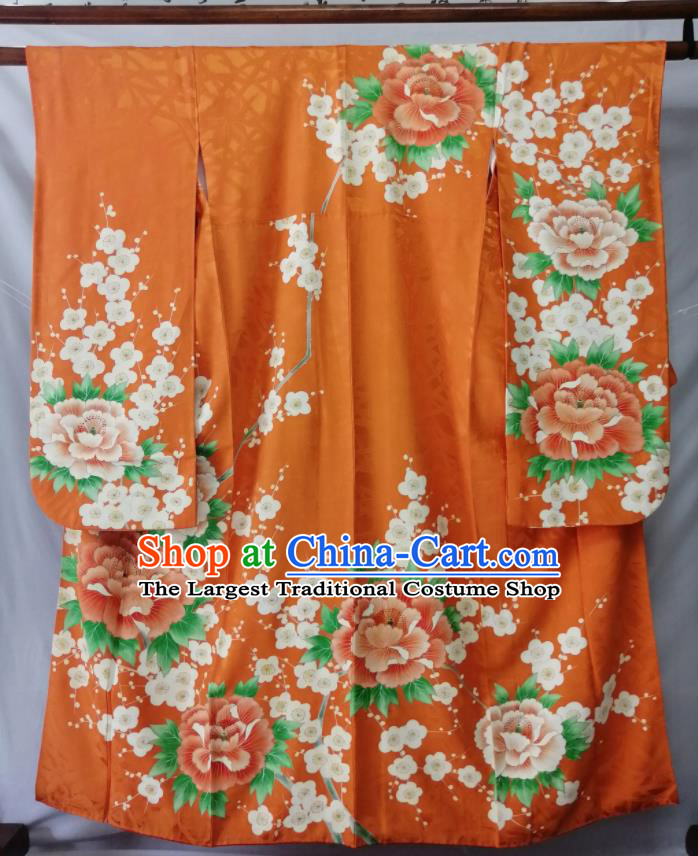Japan Traditional Peony Pattern Furisode Kimono Clothing Court Woman Garment Costume Kyoto Orange Silk Yukata Dress