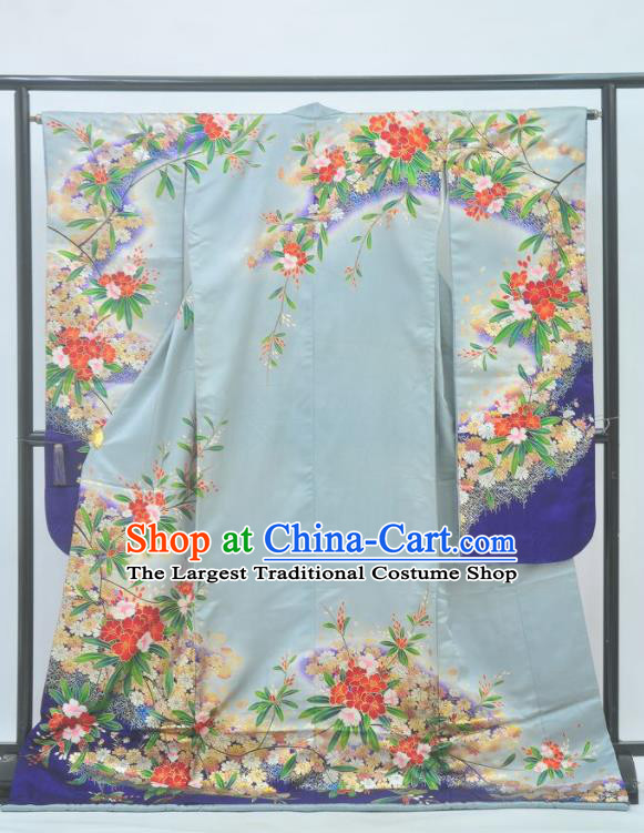 Japan Royal Empress Wafuku Garment Costume Tokyo Light Blue Silk Yukata Dress Traditional Flowers Pattern Furisode Kimono Clothing