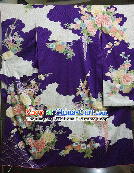 Japan Traditional Peony Pattern Furisode Kimono Clothing Royal Empress Wafuku Garment Costume Tokyo Purple Silk Yukata Dress