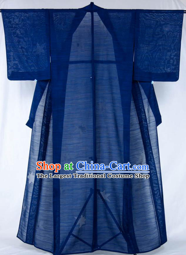 Japan Classical Pattern Iromuji Kimono Clothing Elderly Woman Garment Costume Traditional Navy Silk Yukata Dress