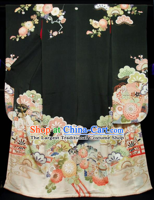 Japan Traditional Black Silk Yukata Dress Classical Chrysanthemum Pattern Furisode Kimono Clothing Wedding Bride Garment Costume