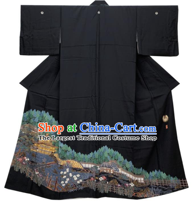 Japan Classical Landscape Pattern Kurotomesode Kimono Clothing Elderly Woman Garment Costume Traditional Printing Black Yukata Dress