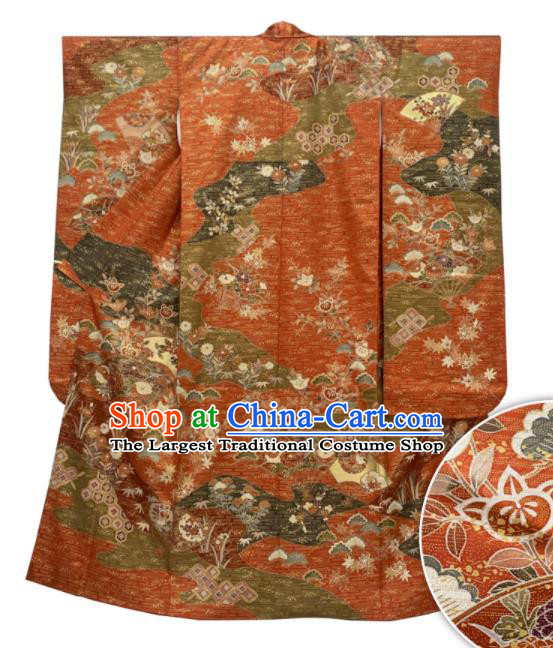 Japan Wedding Bride Garment Costume Traditional Orange Yukata Dress Classical Maple Leaf Pattern Furisode Kimono Clothing