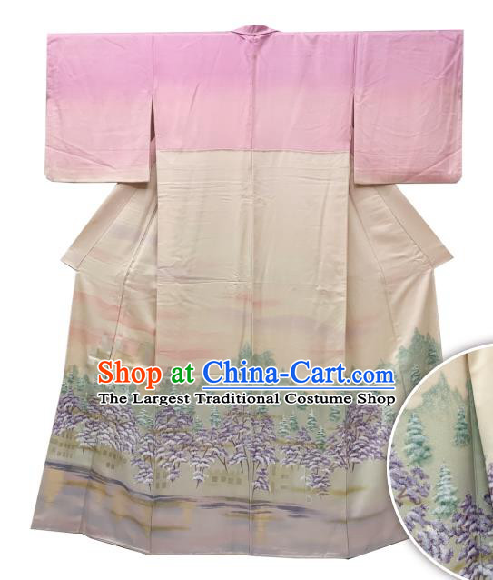 Japan Young Woman Garment Costume Traditional Pink Yukata Dress Classical Paysage Pattern Homongi Kimono Clothing