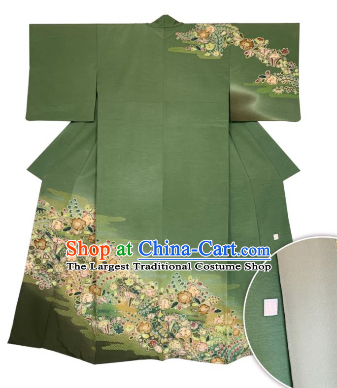 Japan Wedding Bride Homongi Garment Costume Traditional Printing Green Yukata Dress Classical Flowers Pattern Kimono Clothing