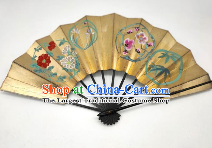 Japanese Traditional Geisha Dance Folding Fan Stage Performance Accordion Handmade Printing Plum Orchids Bamboo Chrysanthemum Fan