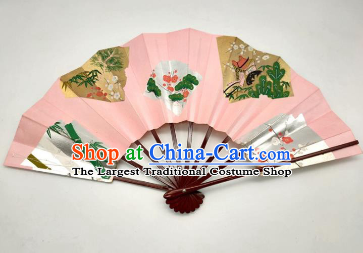 Japanese Stage Performance Accordion Handmade Printing Plum Bamboo Pink Fan Traditional Geisha Dance Folding Fan