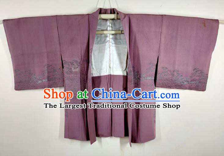 Japanese Classical Landscape Pattern Lilac Silk Overcoat Apparel Male Haori Jacket Clothing Traditional Kimono Outer Garment