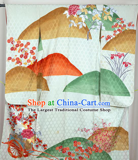 Japan Traditional Printing Silk Yukata Dress Classical Peony Pattern Furisode Kimono Clothing Court Woman Garment Costume