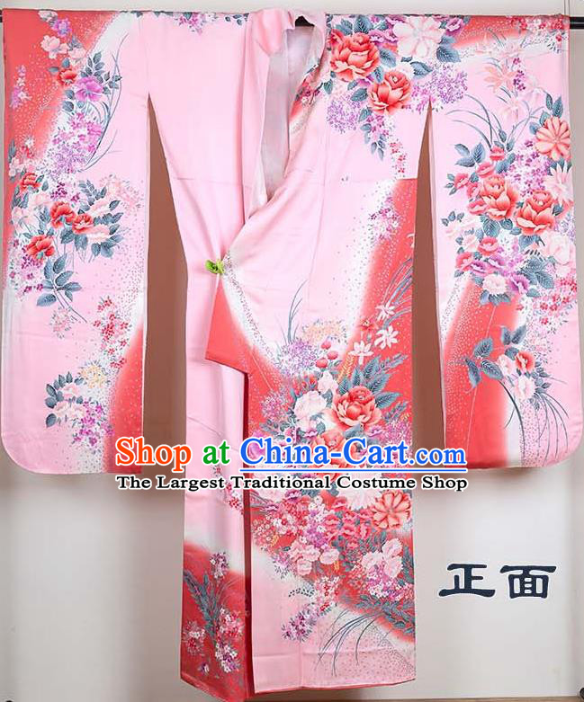 Japan Young Woman Garment Costume Traditional Pink Silk Yukata Dress Classical Peony Fan Pattern Furisode Kimono Clothing