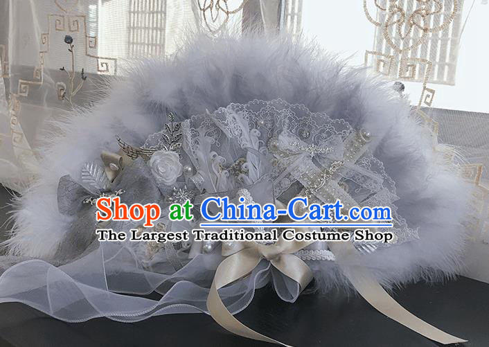 Handmade Cosplay Fairy Fan Baroque Princess Grey Feather Fan Wedding Fan Bride Lace Folding Fan