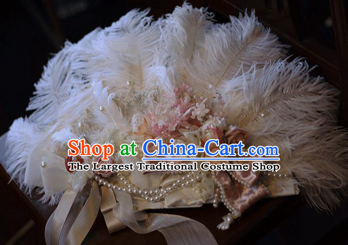 Handmade Bride Flowers Folding Fan Cosplay Fairy Fan Baroque Princess White Ostrich Feather Fan Wedding Fan