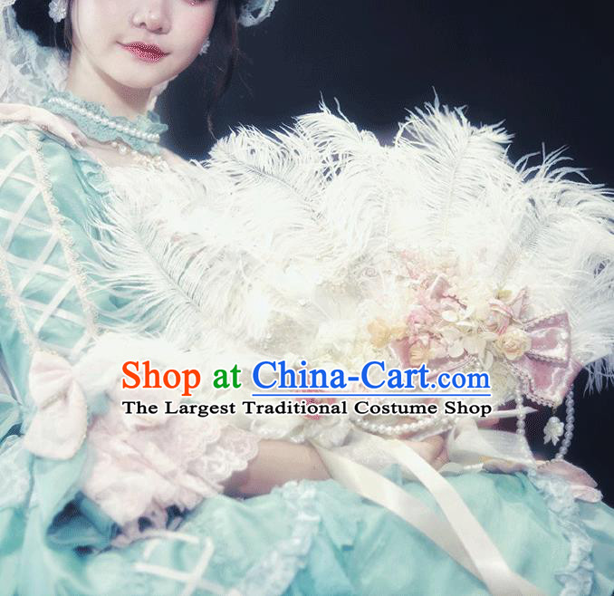 Handmade Bride Flowers Folding Fan Cosplay Fairy Fan Baroque Princess White Ostrich Feather Fan Wedding Fan