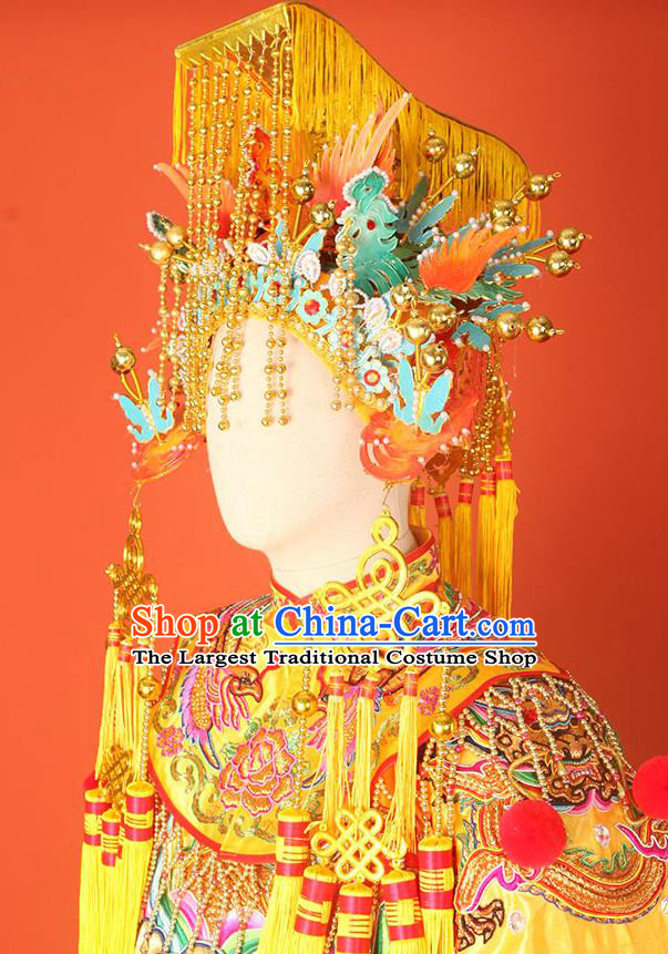 Handmade China Ancient Goddess Hair Crown Opera Queen Golden Phoenix Coronet Traditional Empress Tassel Hat