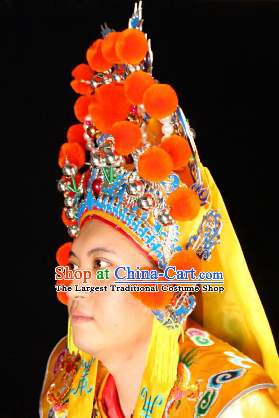 Chinese Beijing Opera Wusheng Headdress Handmade Opera Warrior Guan Yu Yellow Helmet Hair Accessories Peking Opera General Hat