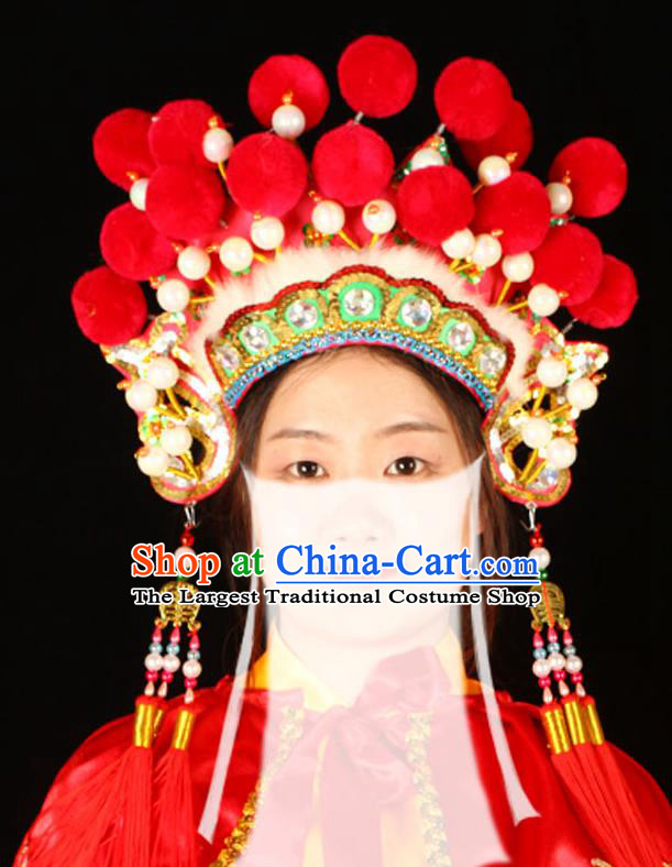 China Handmade Opera Female General Headdress Beijing Opera Blues Red Phoenix Coronet Headwear Traditional Peking Opera Swordswoman Hat