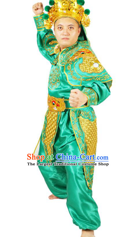 China Beijing Opera Wusheng Clothing Traditional Cosplay Swordsman Green Outfits Peking Opera Soldier Costumes