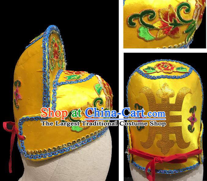Chinese Ancient Scholar Headwear Beijing Opera Prince Embroidered Yellow Hat Handmade Opera Xiaosheng Headdress