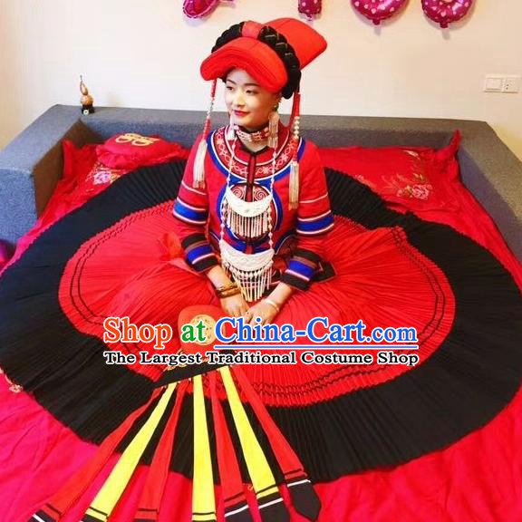 Chinese Liangshan National Minority Bride Red Uniforms Yi Nationality Dance Performance Costumes Ethnic Wedding Clothing