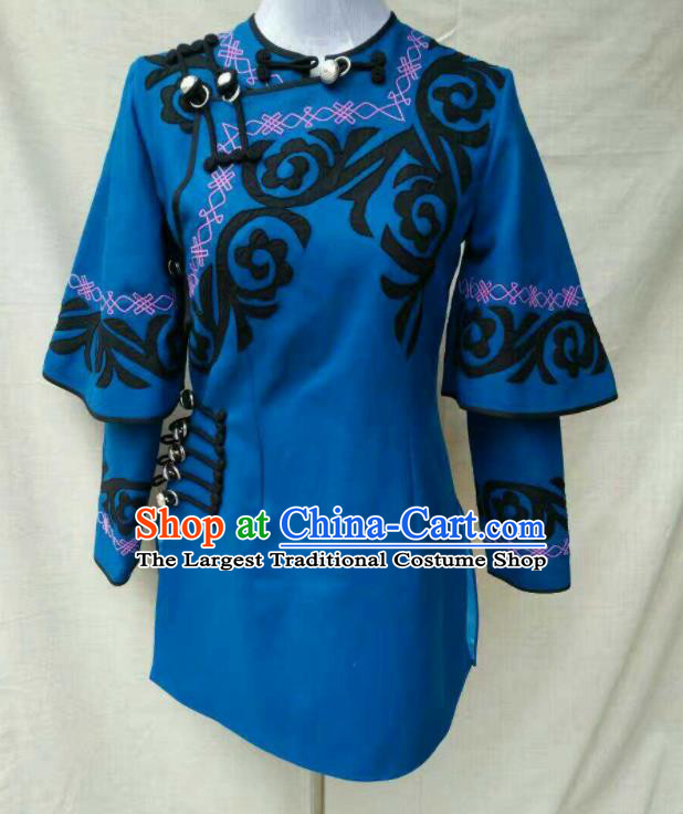 Chinese Liangshan National Minority Woman Upper Outer Garment Yi Nationality Dance Blue Jacket Ethnic Folk Dance Clothing