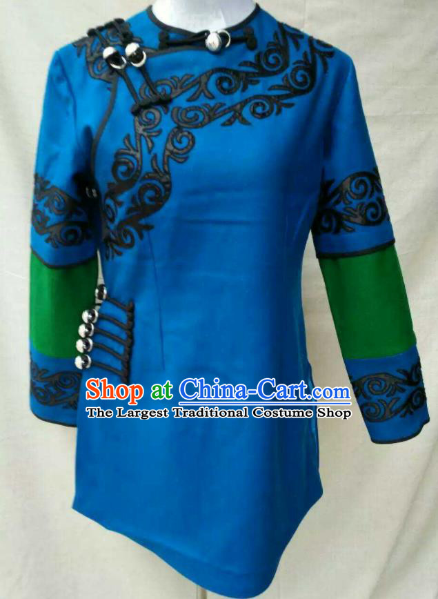 Chinese Yi Nationality Dance Blue Jacket Ethnic Folk Dance Clothing Liangshan National Minority Woman Upper Outer Garment