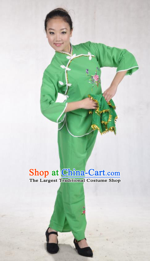 China Folk Dance Green Uniforms Woman Yangko Dance Clothing Fan Dance Costumes Drum Dance Garments