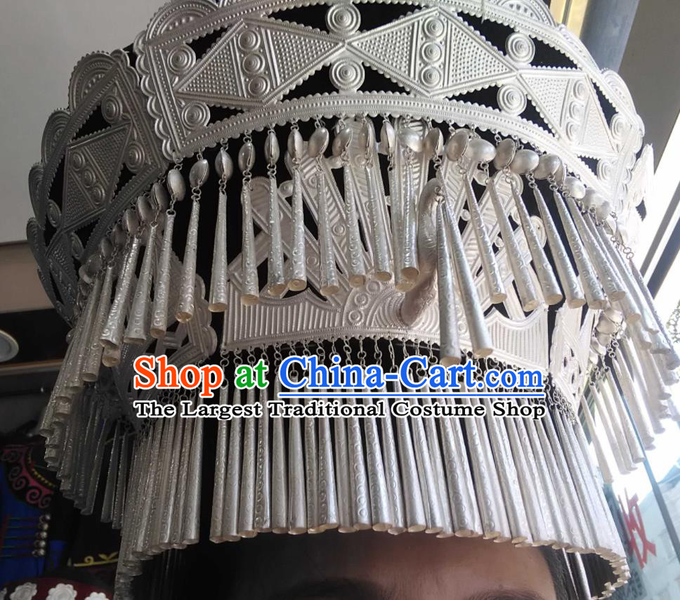 China Liangshan Ethnic Group Dance Performance Headdress Yi Nationality Woman Silver Headwear Handmade Minority Bamboo Weaving Hat
