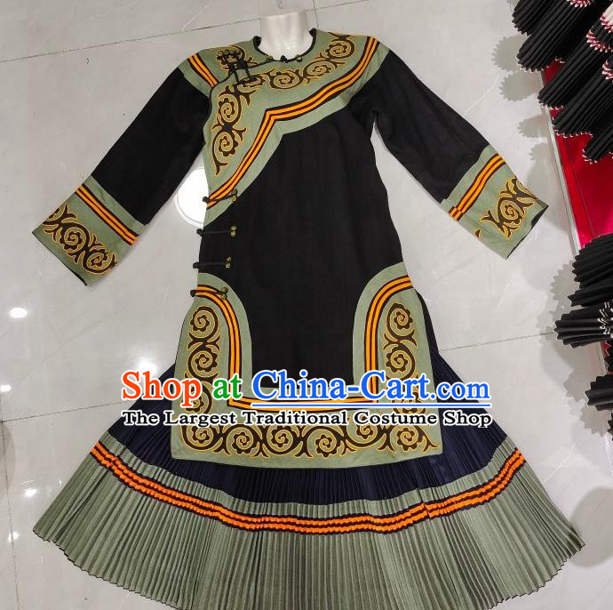 Chinese Liangshan National Minority Black Flax Uniforms Yi Nationality Female Costumes Ethnic Folk Dance Clothing