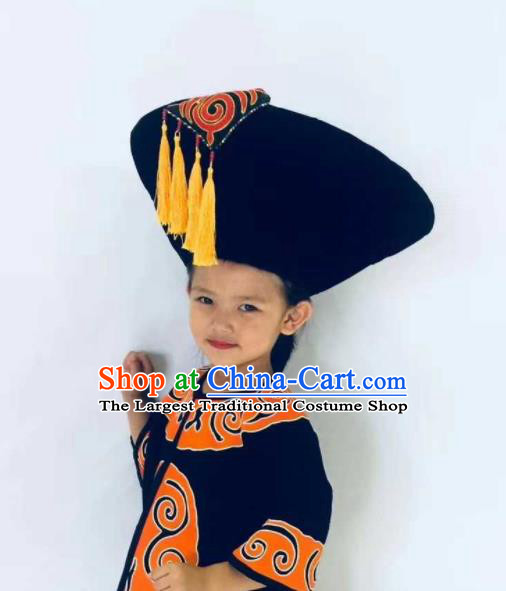 China Handmade Black Circular Cone Hat Yi Minority Folk Dance Headdress Liangshan Ethnic Group Bamboo Headwear
