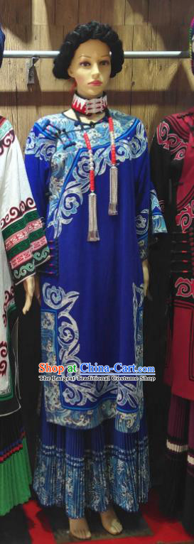 Chinese Ethnic Woman Festival Clothing Liangshan National Minority Folk Dance Blue Uniforms Yi Nationality Wedding Bride Costumes