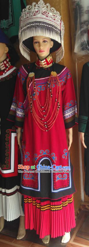Chinese Yi Nationality Wedding Bride Costumes Ethnic Woman Festival Clothing Liangshan National Minority Folk Dance Red Uniforms