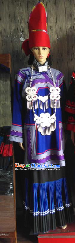 Chinese Yi Nationality Folk Dance Costumes Ethnic Festival Dance Clothing Liangshan National Minority Female Blue Uniforms