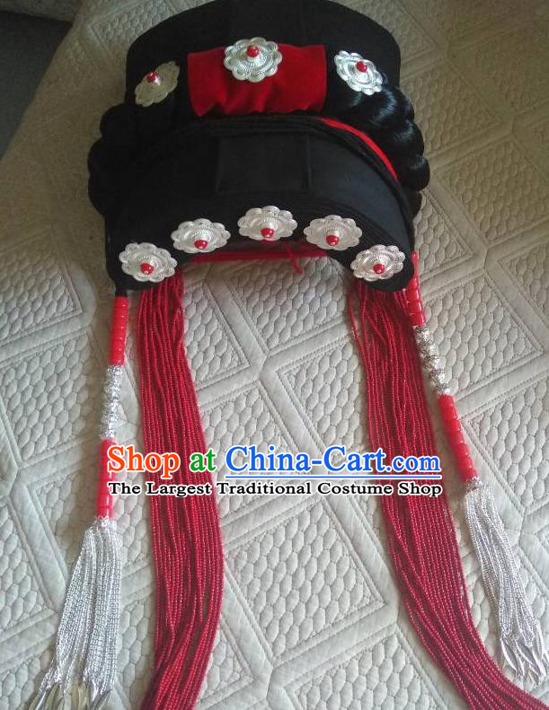 China Yi Nationality Woman Braid Hairpieces Handmade Minority Wedding Bride Tile Hat Liangshan Ethnic Group Dance Performance Headdress