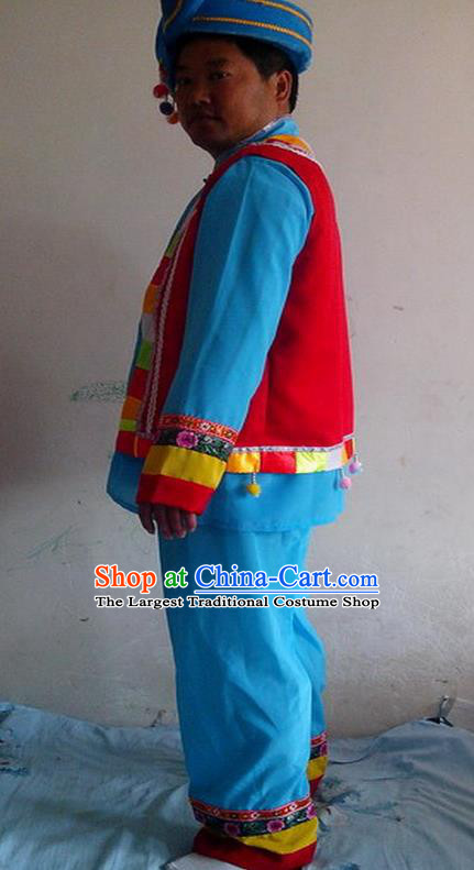 China Ethnic Cucurbit Flute Performance Blue Outfits Yunnan Minority Male Costumes Yi Nationality Folk Dance Clothing