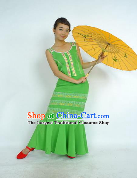 Chinese Ethnic Peacock Dance Green Uniforms Yunnan National Minority Dance Dress Dai Nationality Female Performance Garment Costumes