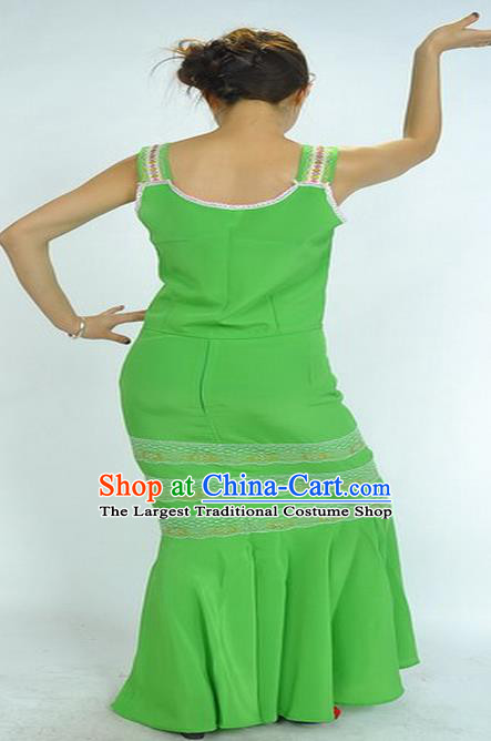 Chinese Ethnic Peacock Dance Green Uniforms Yunnan National Minority Dance Dress Dai Nationality Female Performance Garment Costumes