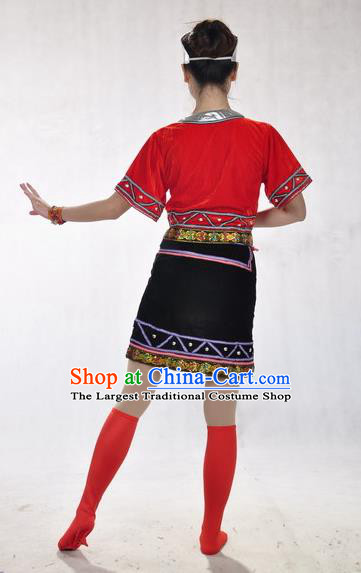 Chinese Wa Ethnic Dance Red Uniforms Yunnan National Minority Dance Dress Va Nationality Performance Garment Costumes