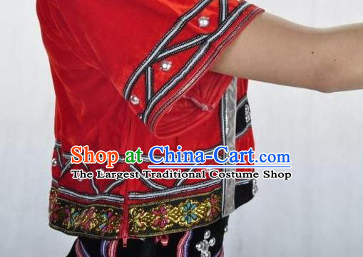 Chinese Wa Ethnic Dance Red Uniforms Yunnan National Minority Dance Dress Va Nationality Performance Garment Costumes